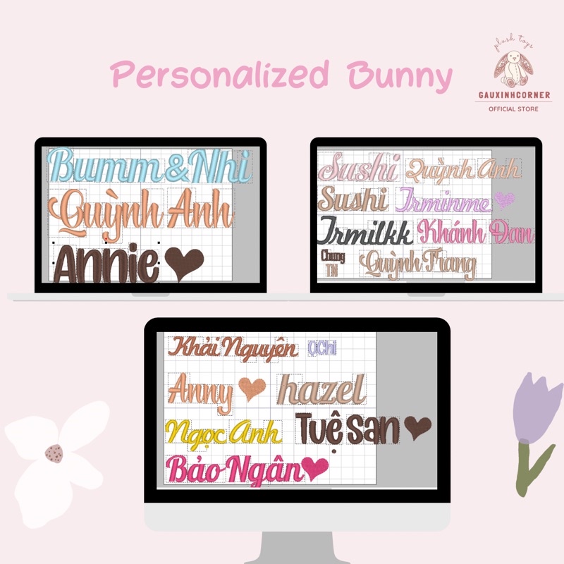 Thỏ bông Jellycat thêu tên lông mềm kèm yếm hoa loại 1 cao cấp quà tặng cho bé|Gauxinhcorner