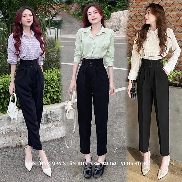 Quần cạp cao nữ công sở đi học ống baggy đứng 3 cúc bản to dáng quần tây nữ lưng cao đi học làm công sở đáy cao dài