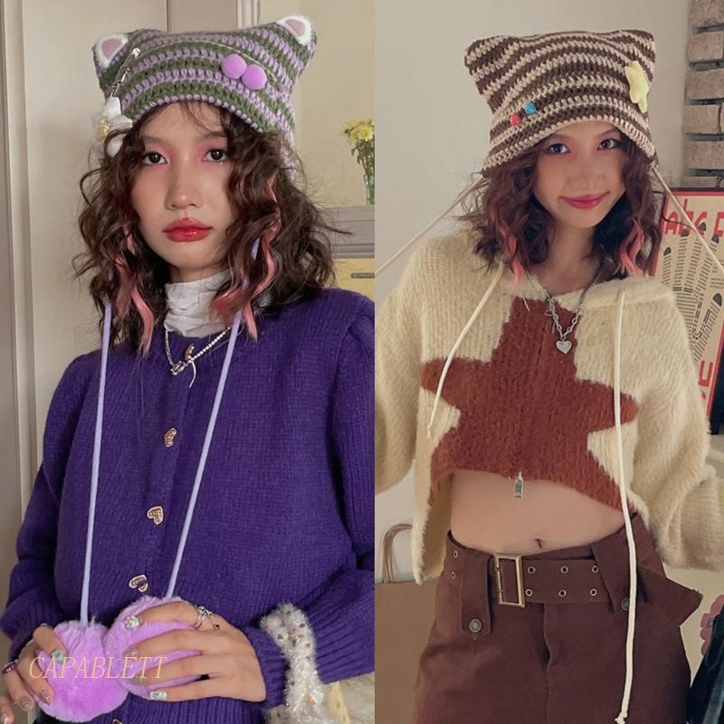 Mũ Len Beanie Có Vành Che Tai Họa Tiết Sọc Ngang
