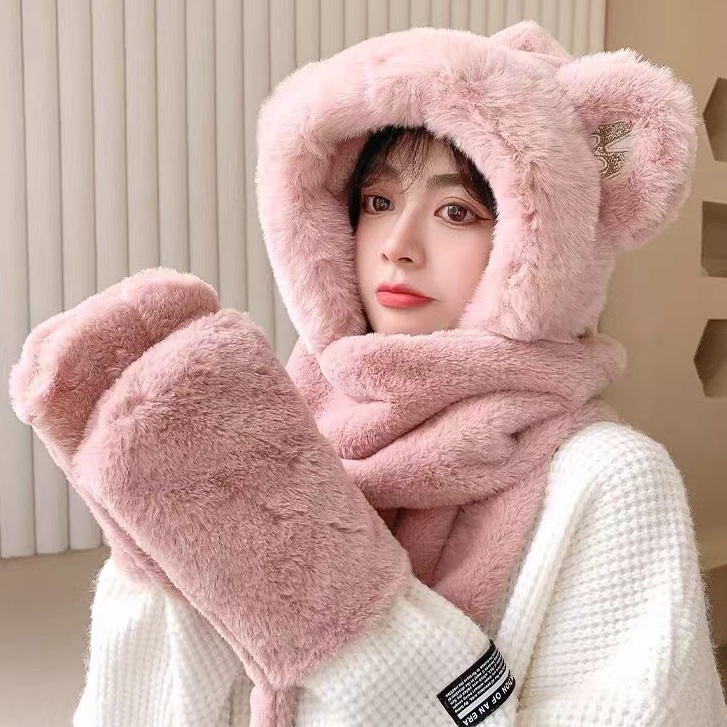Mũ lông tai gấu Wyne kèm khăn quàng và bao tay siêu ấm áp, Mũ lông thỏ mùa đông Hàn Quốc