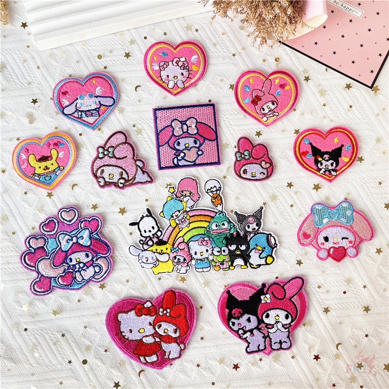 ☸ Sticker Ủi Thêu Hình Kuromi / Melody / Hello Kitty / Cinnamoroll / Pom Purin Màu Hồng Ngọt Ngào ☸ 1 Sticker Ủi Thêu Hình Huy Hiệu