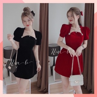 Váy bigsize nhung cổ cách điệu gắn tag đá sang chảnh