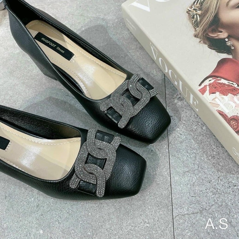 Giày gót vuông nơ đá công sở da lì