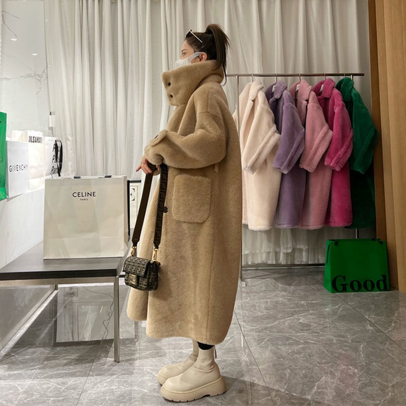 [S N ph m] Áo Khoác Lông Cừu Dày Dáng Dài Cổ Đứng Hai Hàng Nút Cài Phong Cách Hàn Quốc Dễ Phối Đồ Mùa Đông Cho Nữ