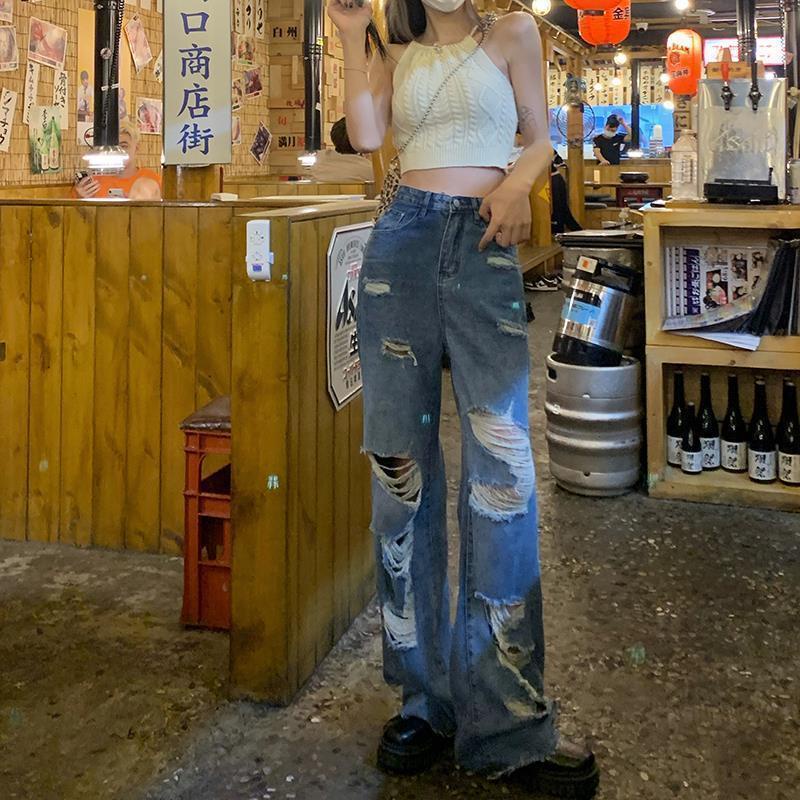 Jiashucheng Quần Jean Ống Rộng Rách Lưng Cao Dáng Suông Cỡ Lớn Retro Cho Nữ