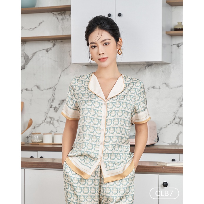 Bộ Pyjama satin ZAM Luxury - CLB7 - áo ngắn tay quần dài hoạ tiết