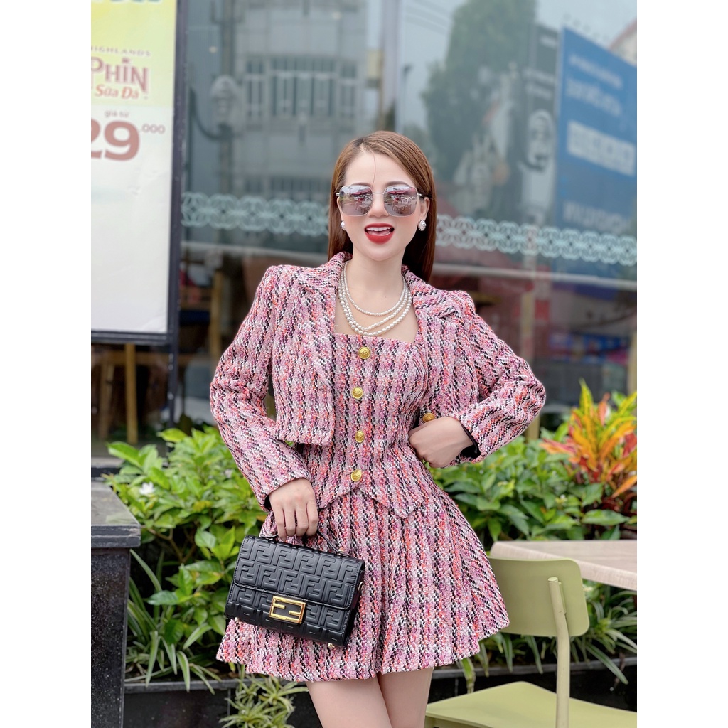 Set dạ 3 món chân váy xòe áo khoác croptop chất dạ ép chuẩn đẹp