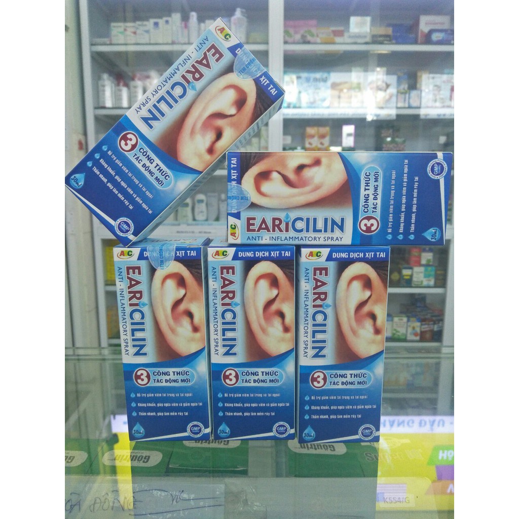 Chai  xịt tai Earicilin - Hỗ trợ viêm tai giữa , tai ngoài làm mềm ráy và chống ngứa tai, Giúp sạch khuẩn