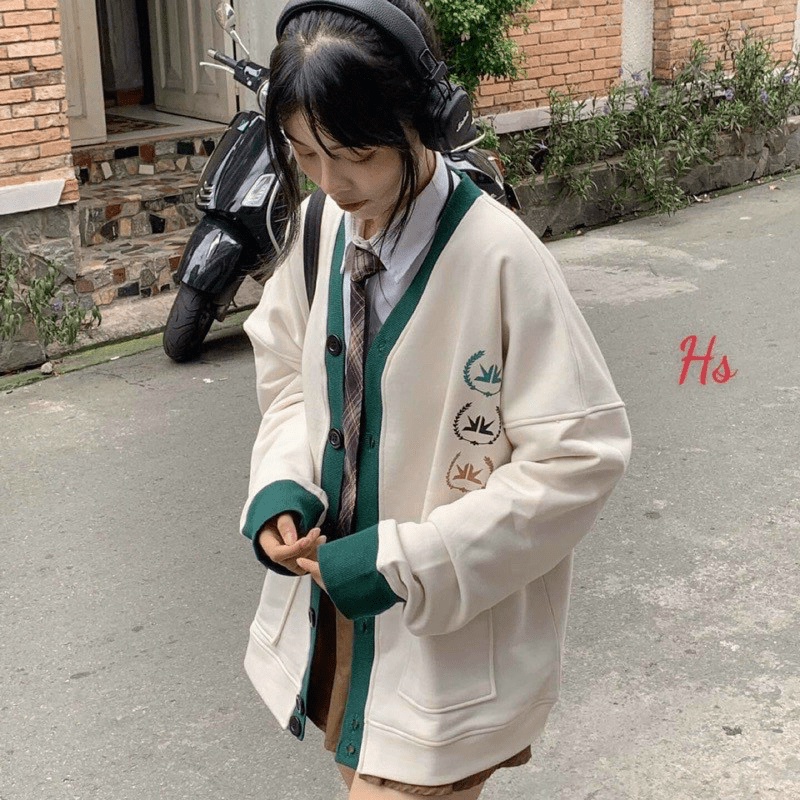 Áo Khoác Cadigan Nữ Nút Cài Phối Viền Xanh Có Túi In Logo Siêu Hot NEW UNISEX