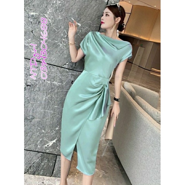 Thiết kế - Đầm dáng ôm phi thun cổ lật cách điệu, váy body dự tiệc nhún eo tà xếp cổ thuyền