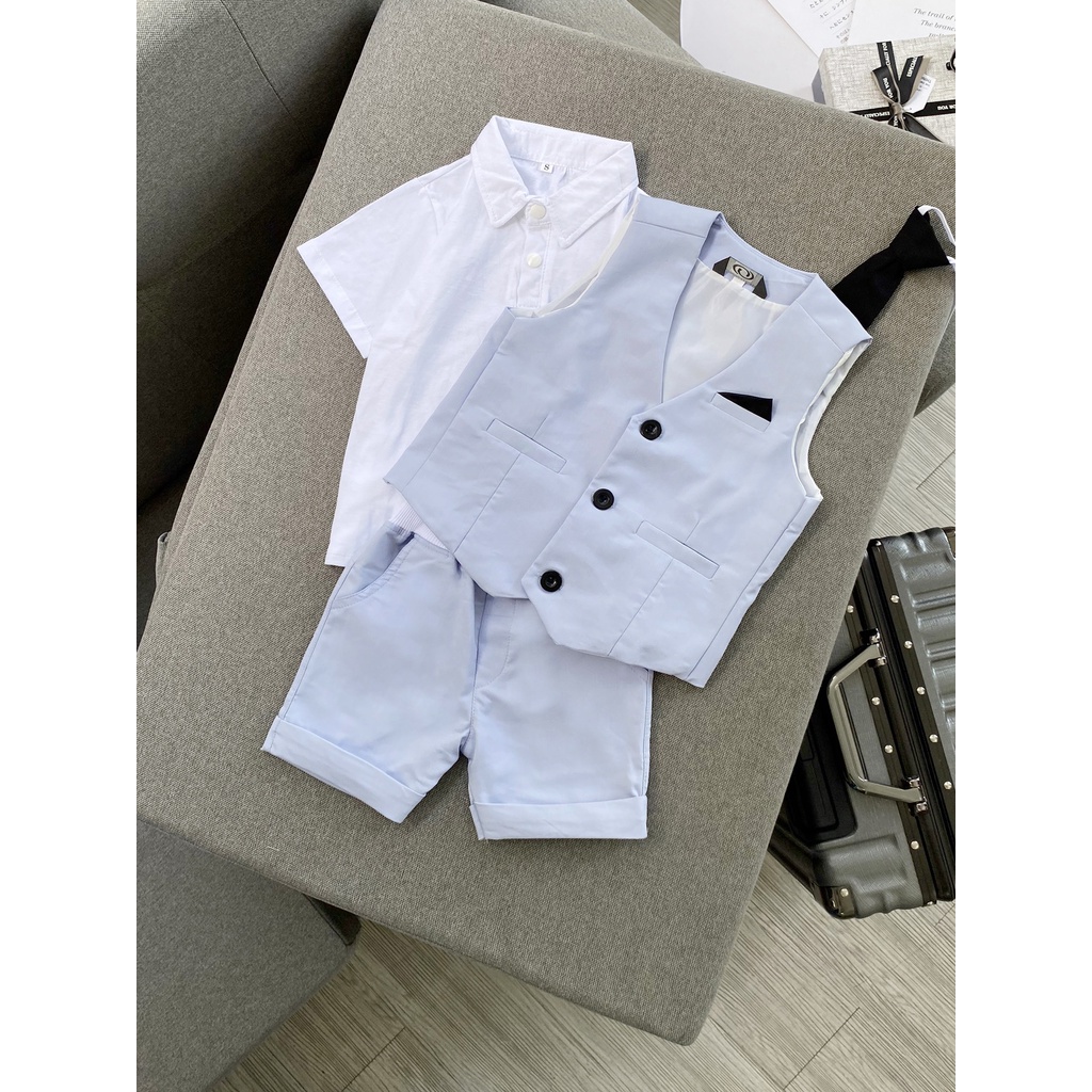 Bộ Vest Ghile Bé Trai Công Tử Bạc Liêu Sang Chảnh + Tặng kèm Áo thun Cổ Sơmi  - Xanh Nhạt