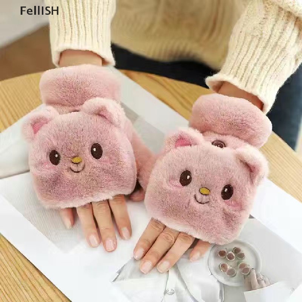 1 Đôi Găng Tay Lông Xù Dày Giữ Ấm Hở Ngón Hình Mèo Dễ Thương 43