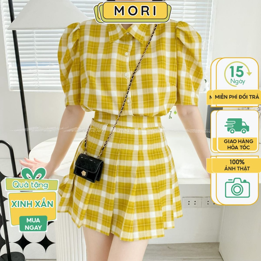 Set đầm nữ thiết kế caro vải dệt không nhăn cổ nơ dáng ngắn mix chân váy xếp ly hời trang nữ Mori Clothing V701