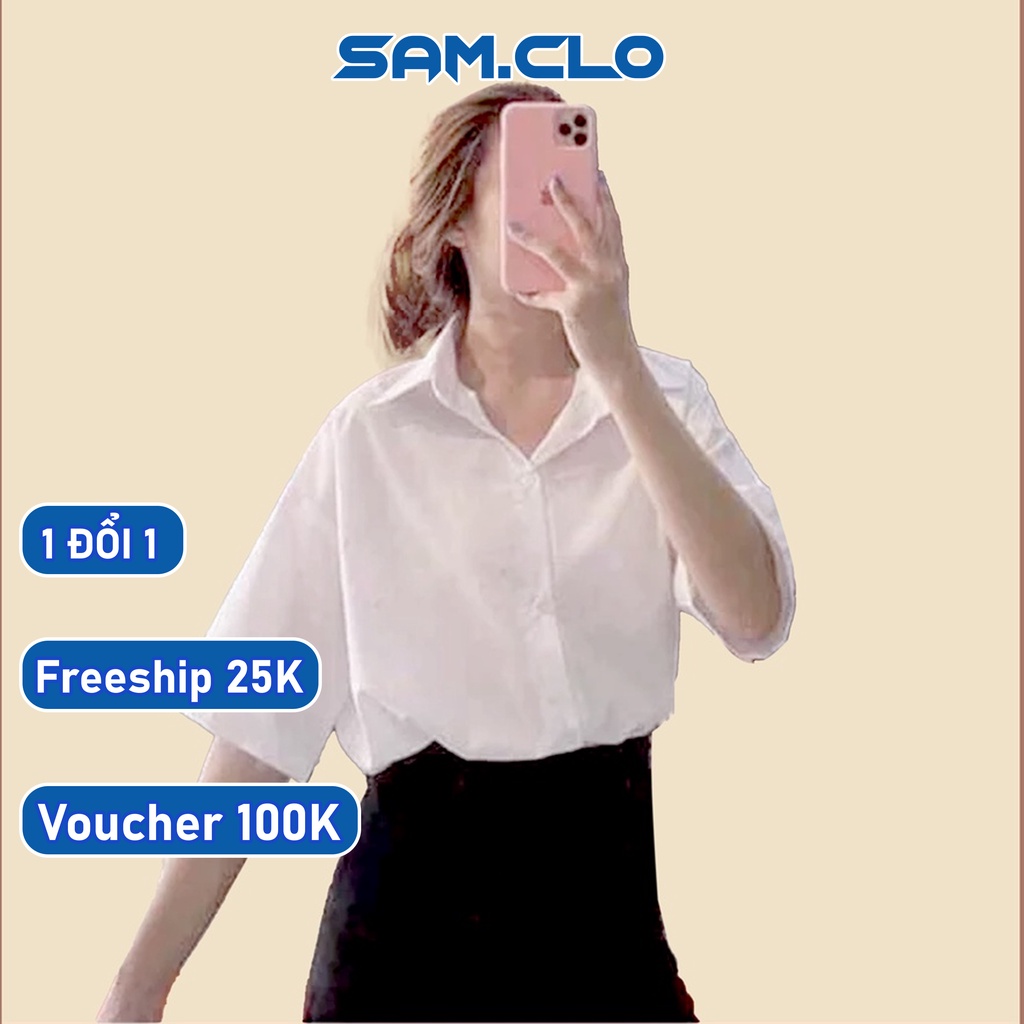 Áo sơ mi SAM CLO nữ freesize form rộng cộc tay - tay ngắn đi học, thời trang học sinh, dáng ulzzang Hàn Quốc TRƠN 1 TÚI