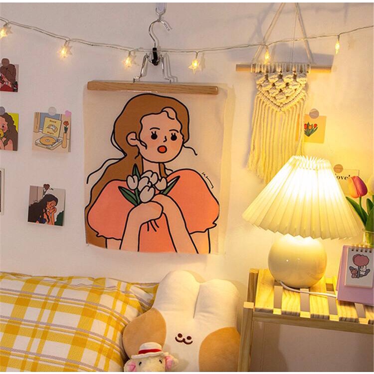 Tranh vải treo tường may viền trang trí decor phòng ngủ bàn học dễ thương họa tiết cô gái