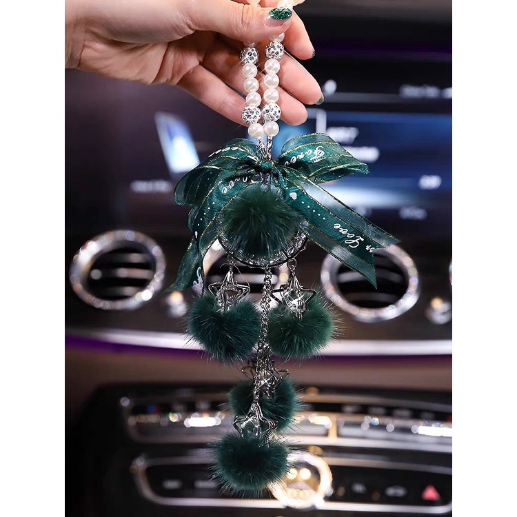 Khánh treo xe nơ dây bông 3 màu đen, xanh, trắng. Phụ kiện trang trí gương xe hơi