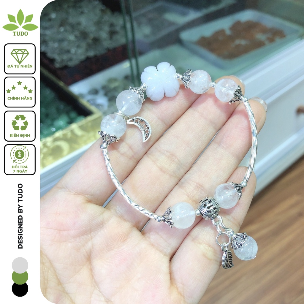 Lắc tay Thạch Trắng mix Cỏ Bốn Lá may mắn và charm bạc mặt trăng, chiếc lá TUDO có kiểm định