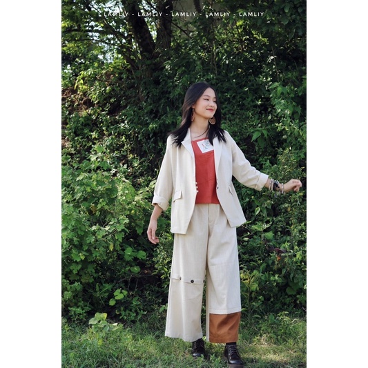 LAMLIY - Set áo khoác vest 3 khuy nút, quần xẻ gối linen