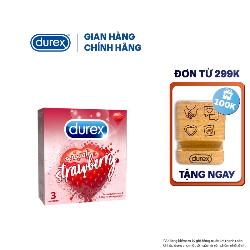 Bao cao su Durex Sensual Strawberry hương dâu (size 53mm, 3 bao/hộp)