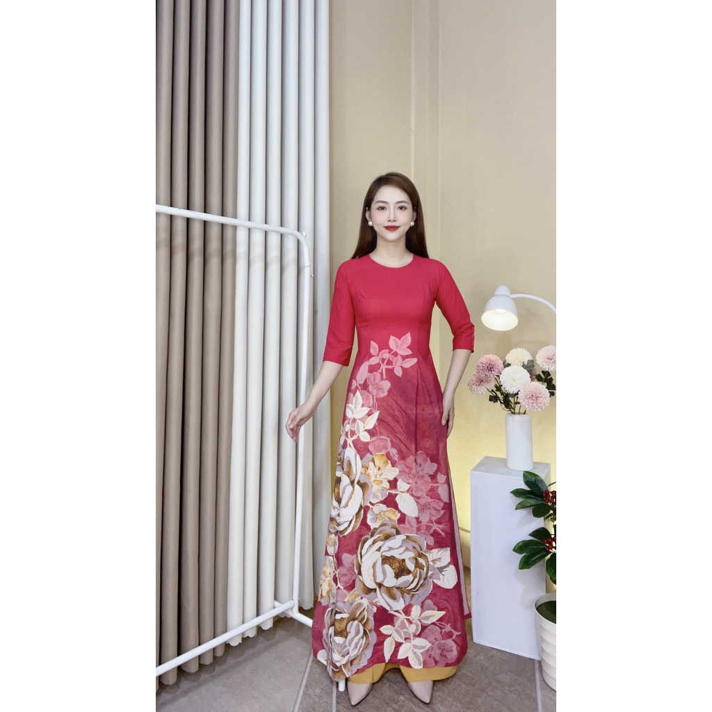 Áo Dài Hoạ Tiết Hoa Nền Đỏ Đô, Lụa Nhật Cao Cấp In 3D Mã C1 - Áo Dài PT