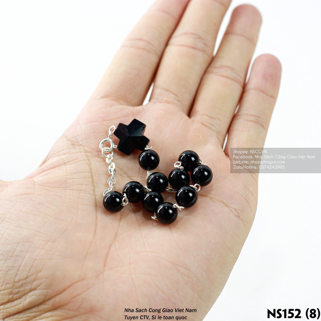 Lắc Mân Côi Đá đen mix dây bạc ta đơn giản tinh tế cho nữ NS151 Quà tặng Công Giáo, GIÁNG SINH, sinh nhật