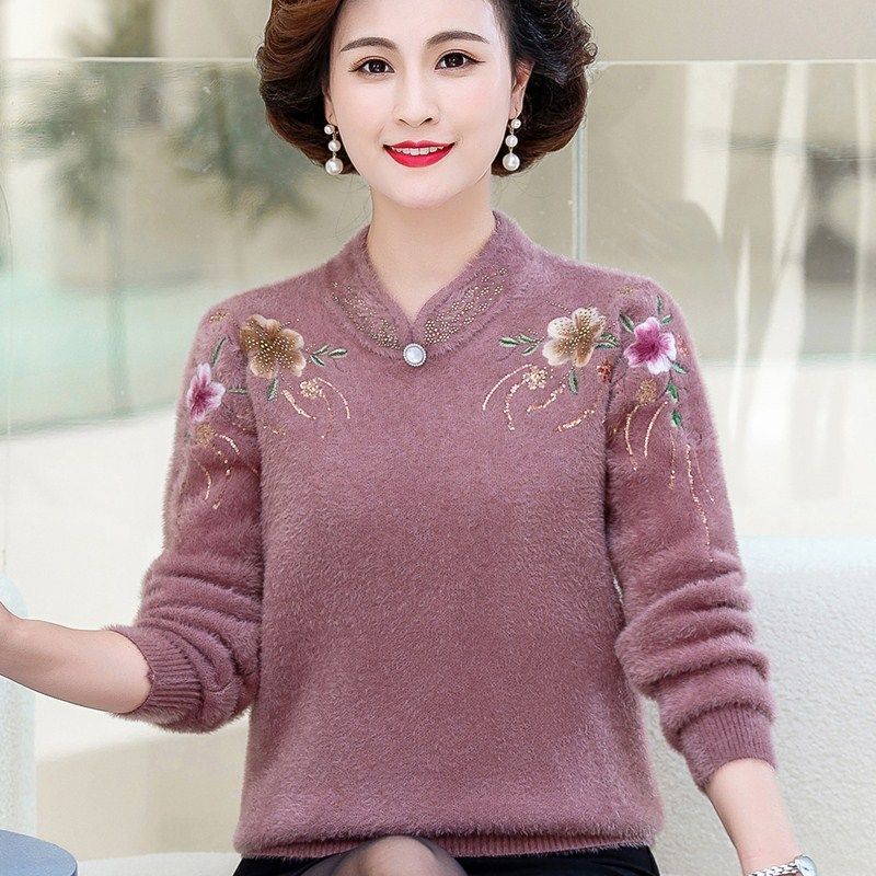 Thời trang sườn xám cổ áo mẹ thu đông dày nhung chồn áo len 50 phụ nữ trung niên và cao tuổi dệt kim nhung chồn
