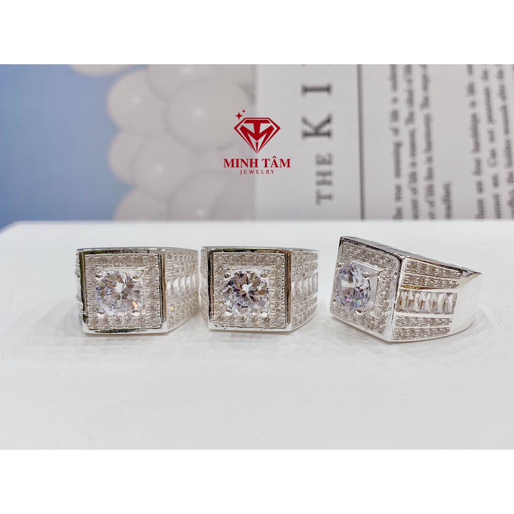 Nhẫn bạc nam mặt nạm đá vuông ổ đá chủ 7 ly chất liệu bạc ta Minh Tâm Jewelry