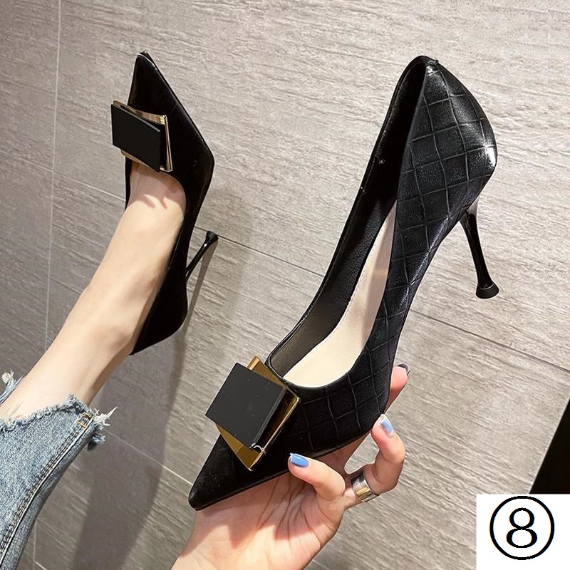 Giày Cao Gót Mũi Nhọn Màu Đen Thời Trang Xuân Thu 2021 Cho Nữ