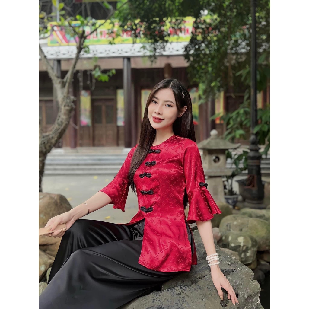 Bộ lụa bà ba đi chùa tay xòe cao cấp đồ lam đi chùa nữ cách tân kèm quần bà ba may sẵn Màu Đỏ