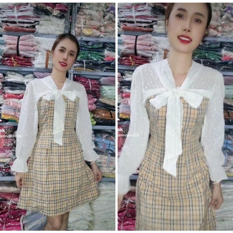 VÁY KẺ PHỐI REN BUỘC NƠ CỔ