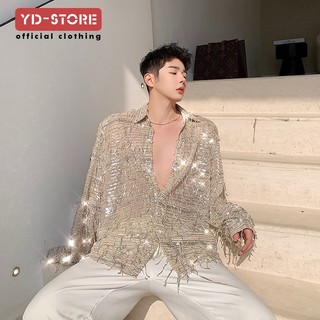 Áo sơ mi dài tay dáng rộng mỏng tua rua cho nam biểu diễn khiêu vũ ở quán bar hộp đêm