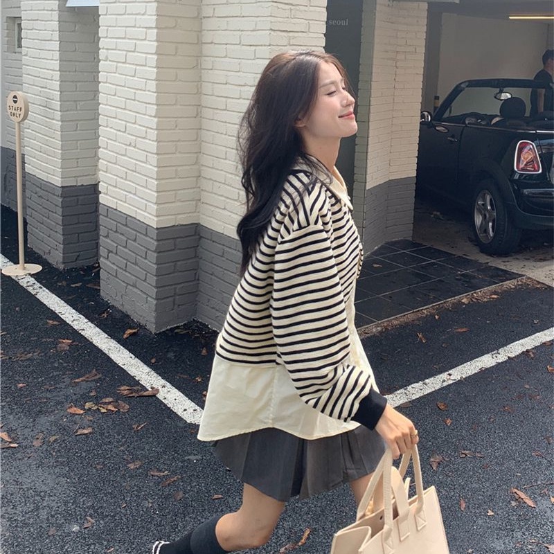 Áo Thun Polo Dài Tay Dáng Rộng Giả Hai Lớp Phối Sọc Thiết Kế Mới Thời Trang Dành Cho Nữ