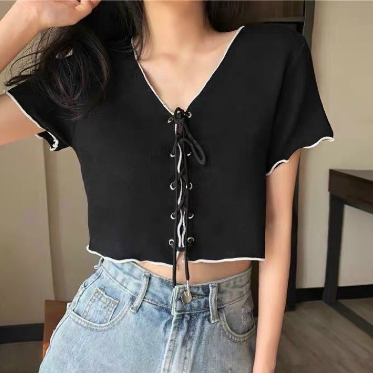 Áo croptop kiểu nữ tay ngắn phong cách Hàn quốc thiết kế đan dây trước ngực- AO081