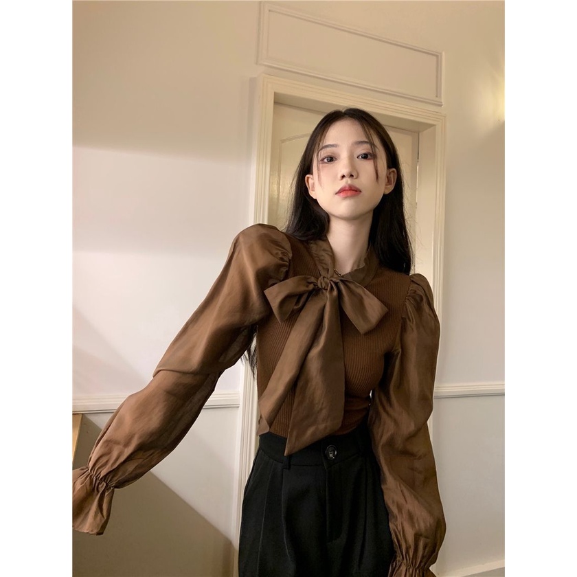 ZHELIHANGFEI Áo len dệt kim Pháp nơ phồng tay áo cổ cao phong cách phụ nữ gợi cảm