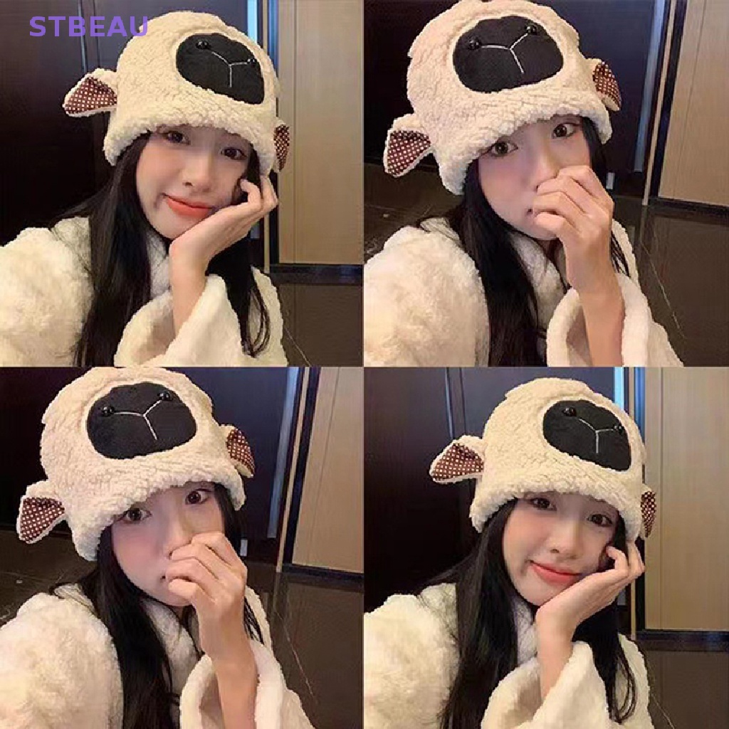 Mũ Beanie Lông Cừu Nhân Tạo Dễ Thương Vui Nhộn Giữ Ấm Mùa Đông Cho Nữ