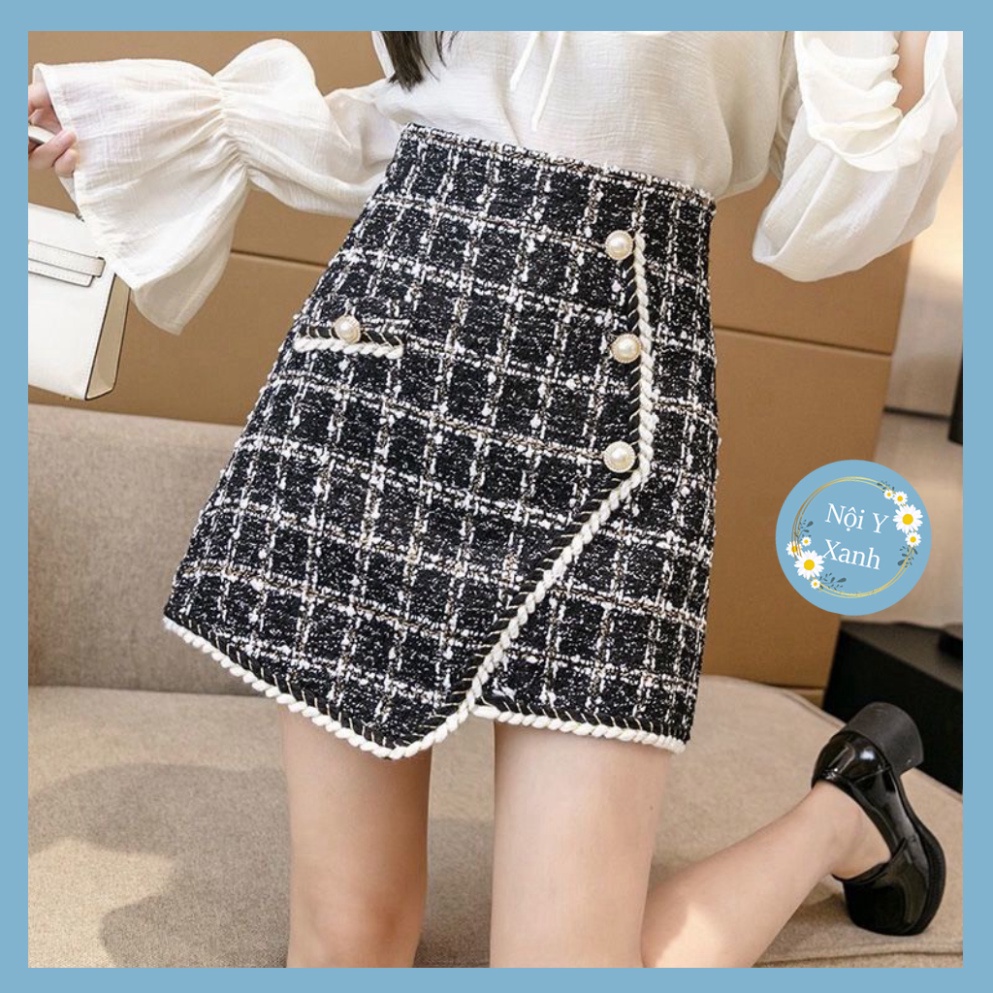 chân váy dạ nhung kim tuyến nữ-chân váy chữ A thiết kế phối cúc lệch uy quyền rét mướt CV66 Nội Y Xanh hot trend thu đôn
