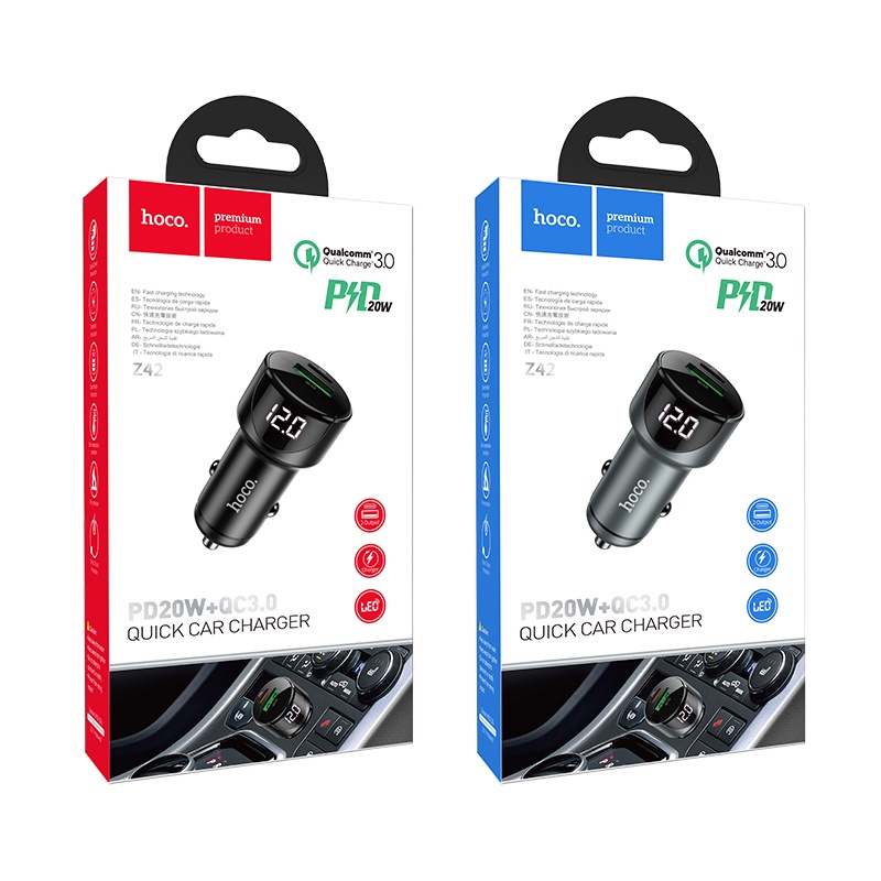 Tẩu sạc nhanh oto Hoco Z42 - Hỗ trợ sạc nhanh 20W - QC 3.0 - Có màn hình Led hiển thị dòng điện - Educase86