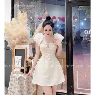 ĐẦM DẠ TRẮNG PHỐI VOAN TAY PHỒNG CÚP NGỰC CHÉO VOAN BỤNG