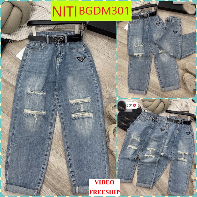 [BGDM301] QUẦN BAGGY JEANS NỮ LƯNG CAO RÁCH 2 SỌC ĐÙI PHẢI PHỐI RÁCH I ĐÙI TRÁI ĐÍNH MẠC ĐEN TAM GIÁC MÀU XANH NHẠT TÔN