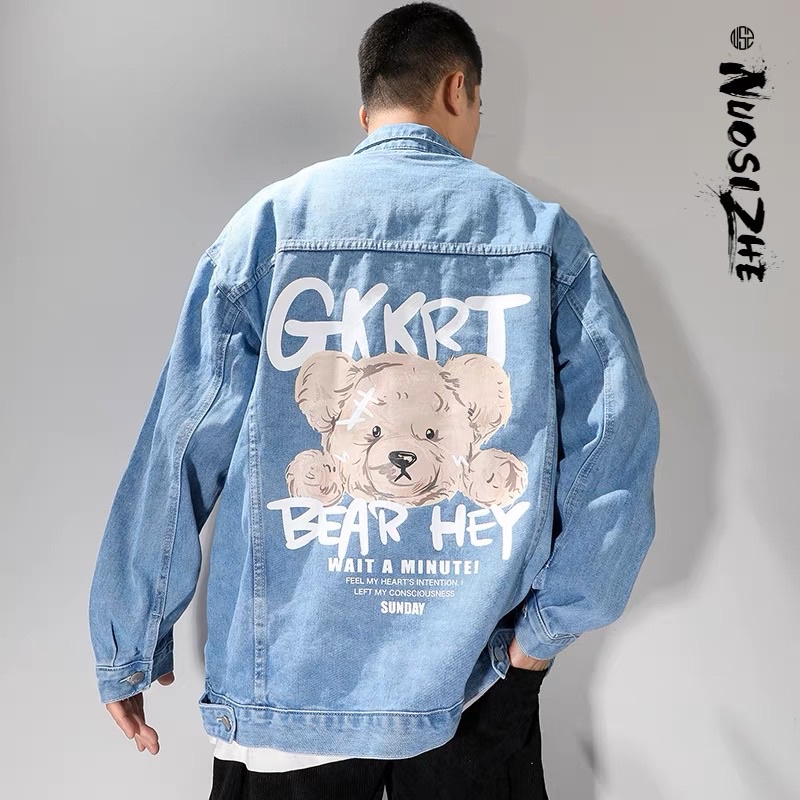 Áo khoác jeans nam nữ mẫu in Gấu