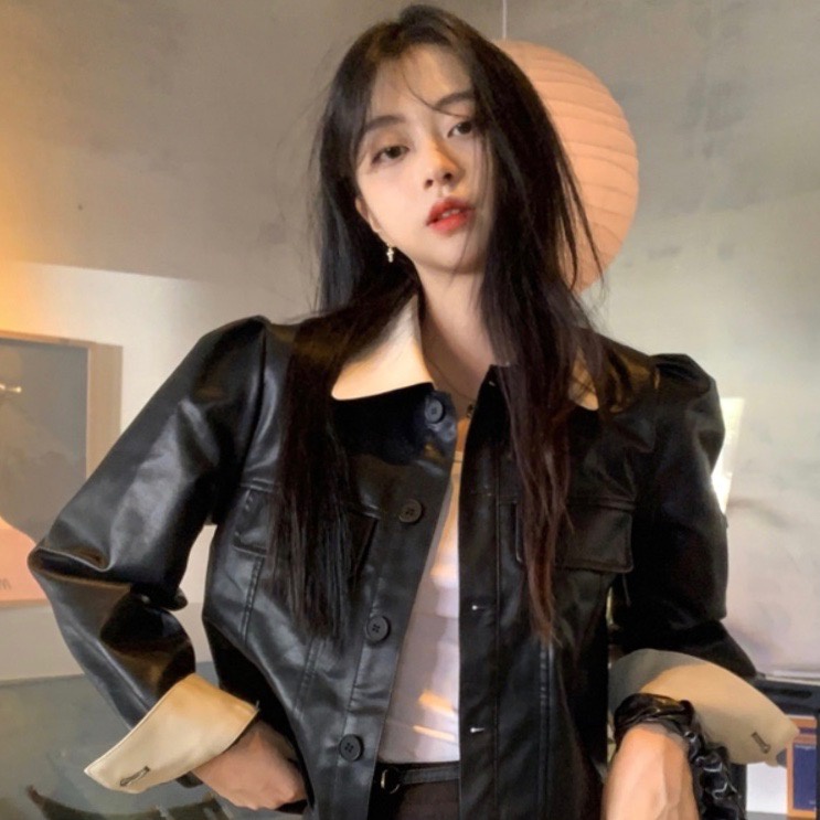 Áo khoác da nữ croptop cổ bẻ phối màu túi hộp dáng ngắn hot trend freesize