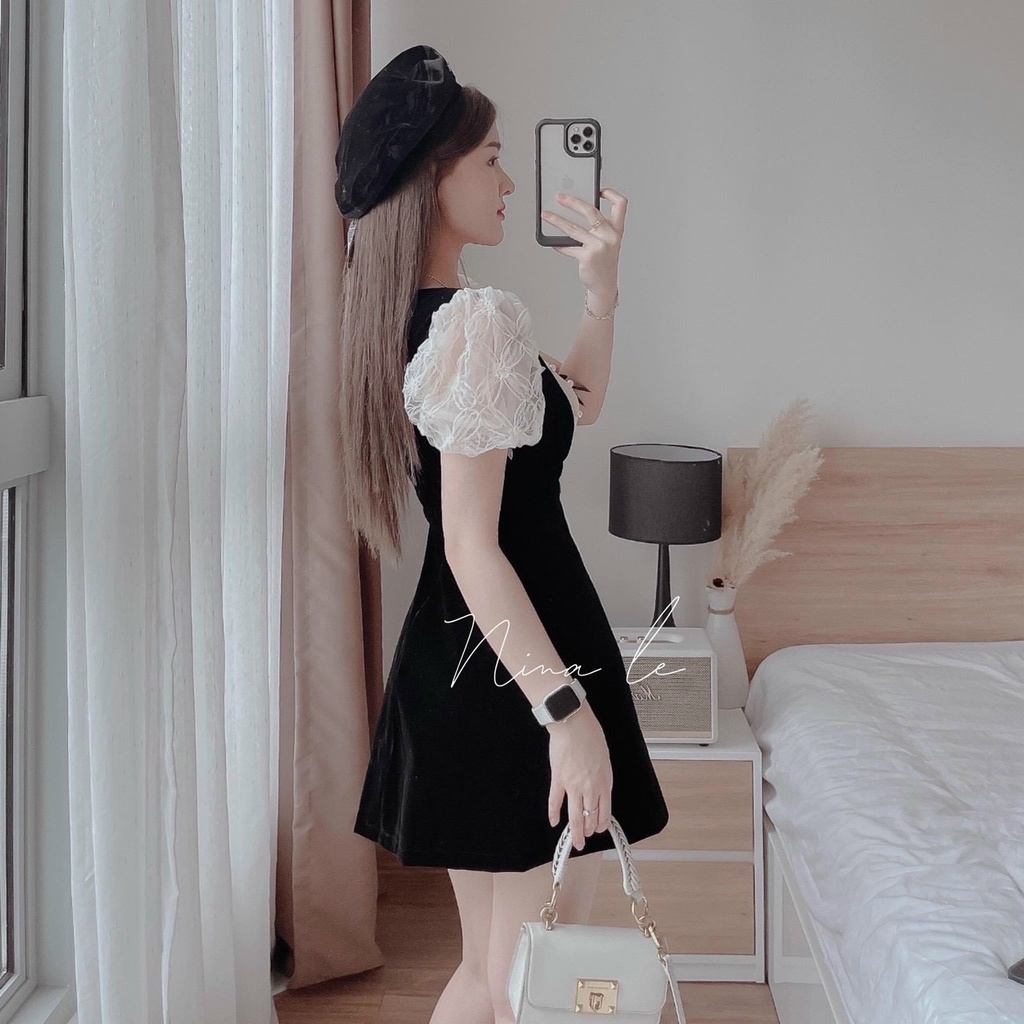 Đầm nữ thời trang mặc đi chơi chất nhung tuyết bóng cổ vuông phối ren lưới đính nơ cườm tay ngấn váy chữ A xinh xắn