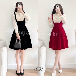 Váy nhung phối ren ngực tay dài voan siêu sang dáng chữ a