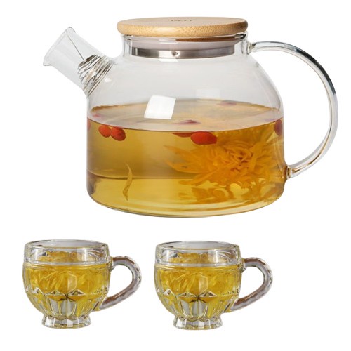 Ấm pha trà thủy tinh giữ nhiệt Deli có lưới lọc tặng kèm 2 tách trà tiện lợi GPH20-1B,bình ủ trà pha trà cao cấp