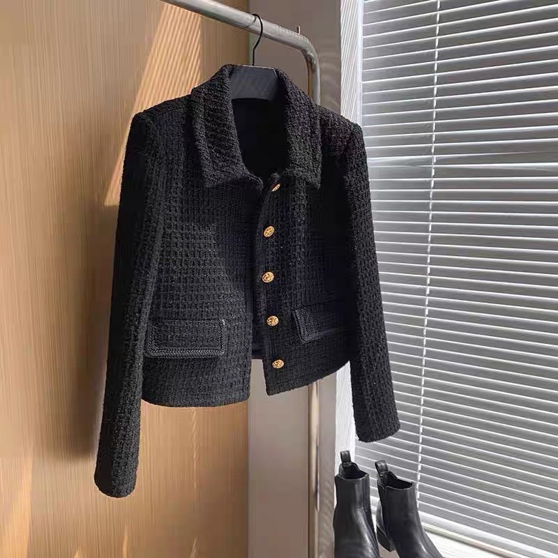 Áo Khoác Dạ Tweed Đen Cổ Đức Hàng 2 Lớp Dày Dặn