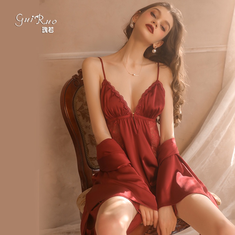 Hàng Có Sẵn!#Guiruo Đầm Ngủ Hai Dây Phối Ren Xuyên Thấu Phong Cách Mới Cho Cô Dâu
