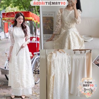 Áo dài cách tân nữ phối ren hoa thiết kế tay bồng xẻ vai may sẵn cách điệu sang trọng trong lễ tết cưới hỏi đẹp AD90019