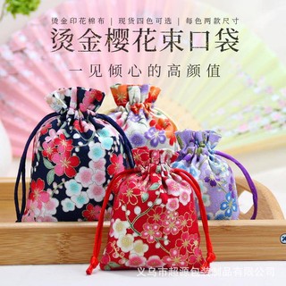 Túi Dây Rút Vải Lanh Cotton Họa Tiết Hoa Anh Đào May Mắn Phong Cách Trung Hoa