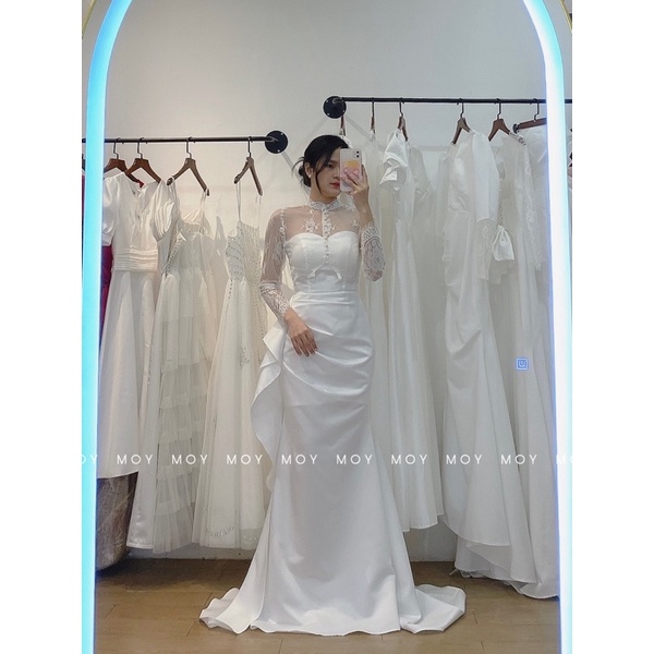 Váy cúp body xẻ vây kèm áo ren tay dài - Váy cưới, đầm cưới thiết kế đi bàn, chụp ảnh đơn giản, thanh lịch-X405