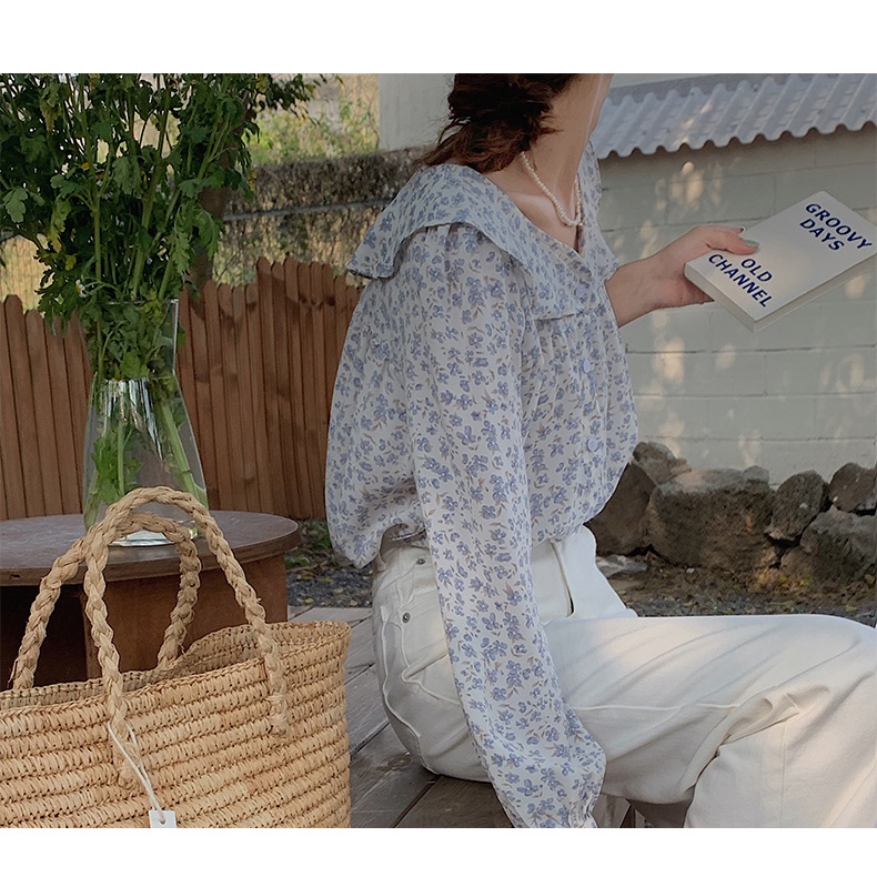 Áo sơ mi SUXI tay dài dáng rộng cổ búp bê in hoa thời trang cho nữ